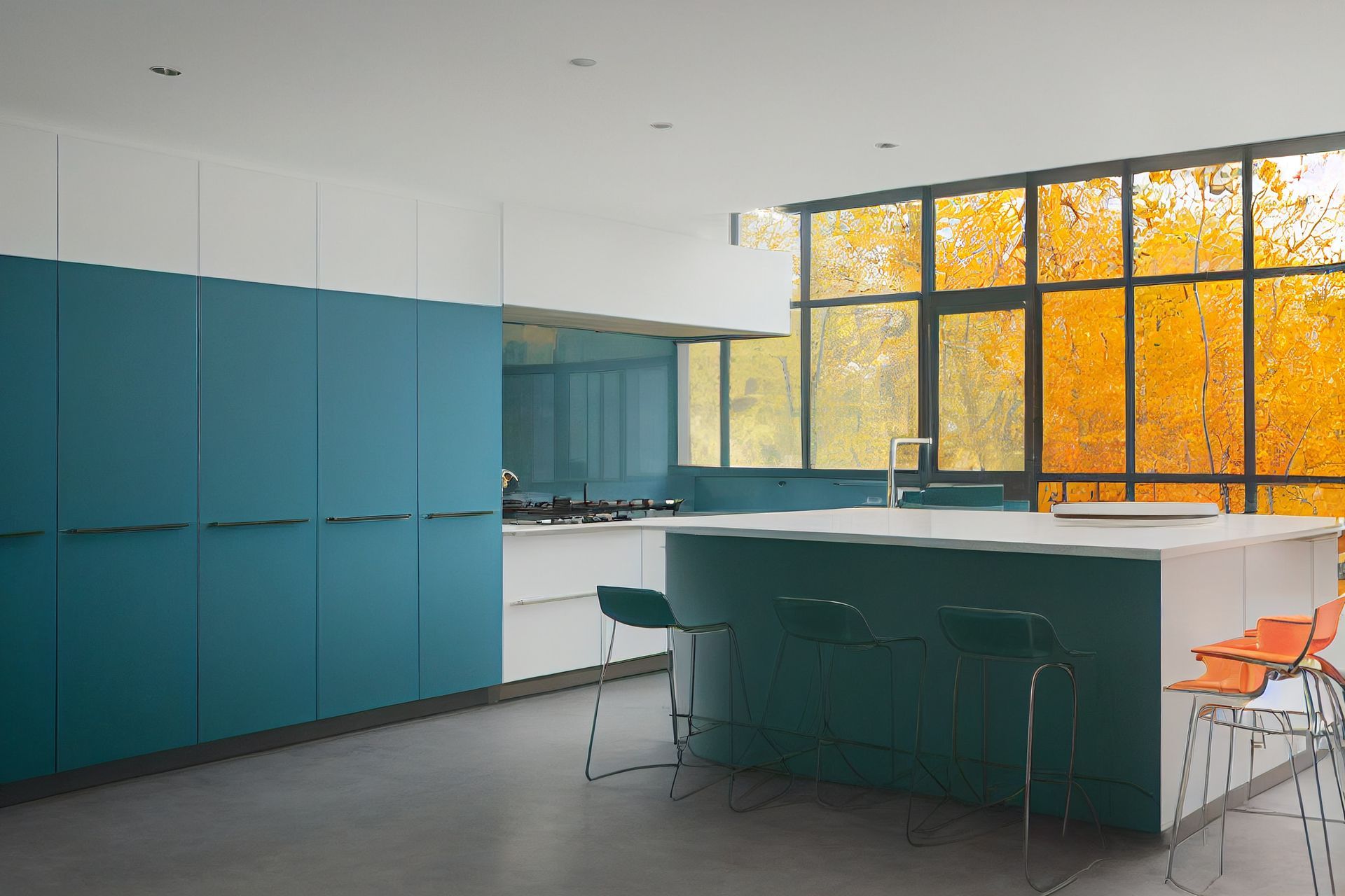 A kitchen Glass Splashback with blue cabinets and a large island in the middle of the room.