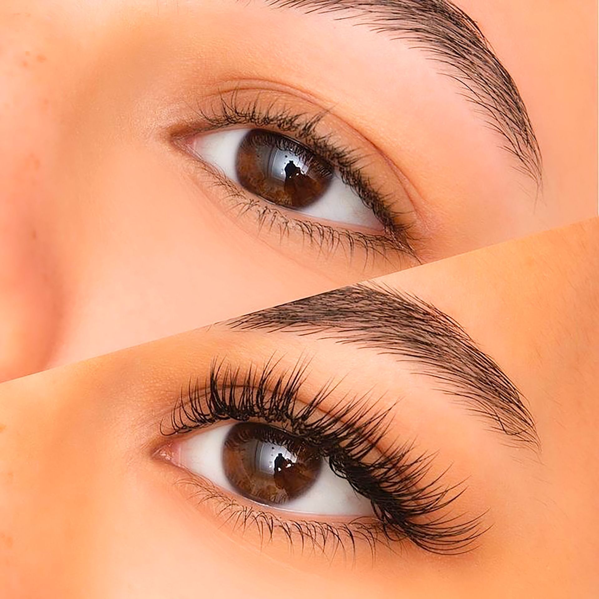 Before and after eye comparison: upper eye with natural lashes, lower with long, dark lash extensions.