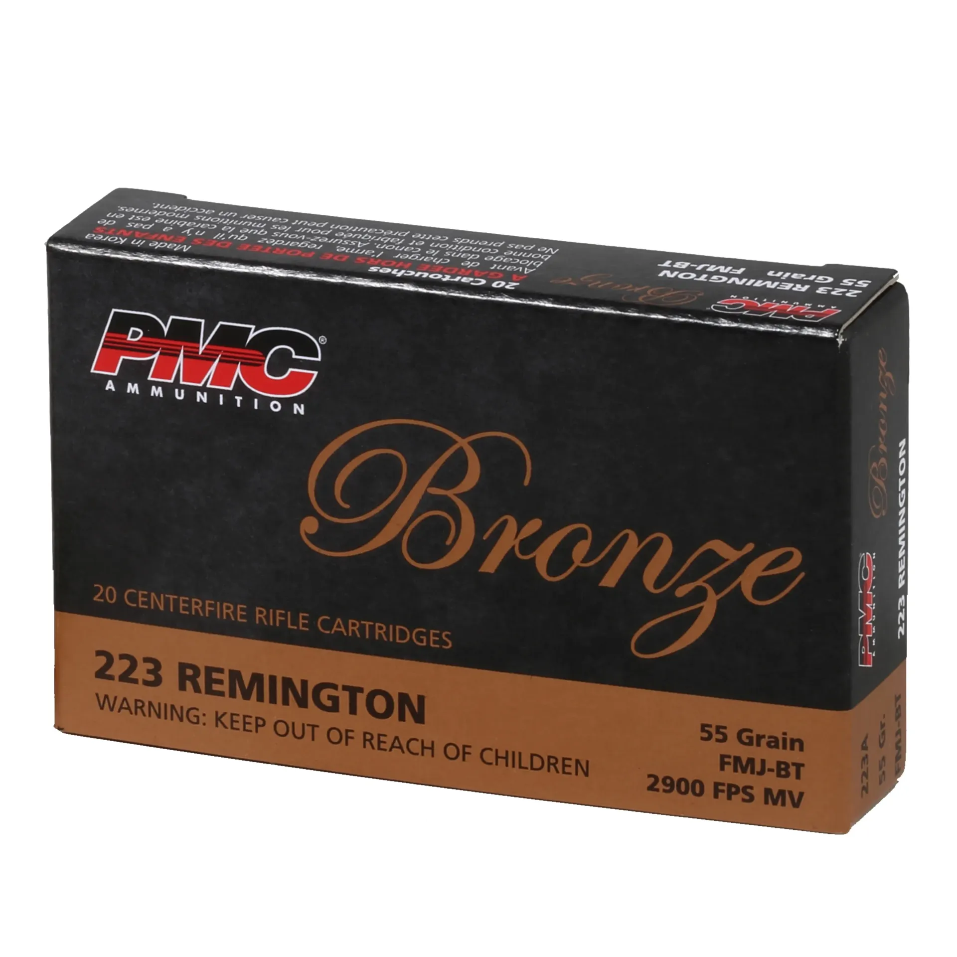 Box of PMC Bronze .223 Remington ammunition with text, 