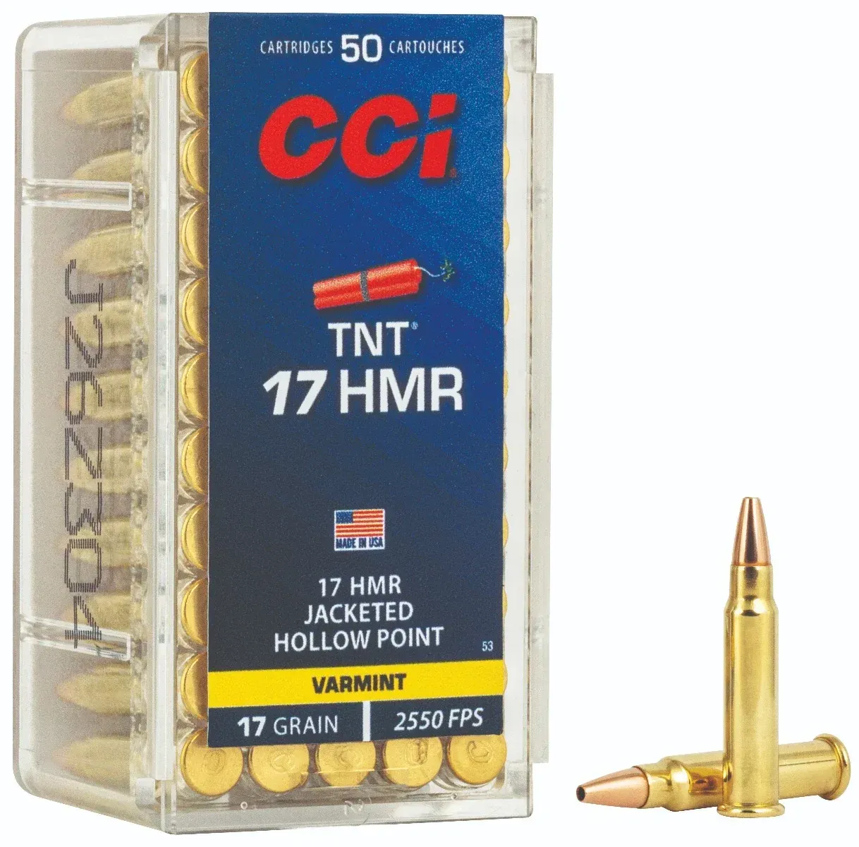 Box of CCI 17 HMR TNT cartridges. The box is clear and contains 50 rounds. Two bullets are beside the box.