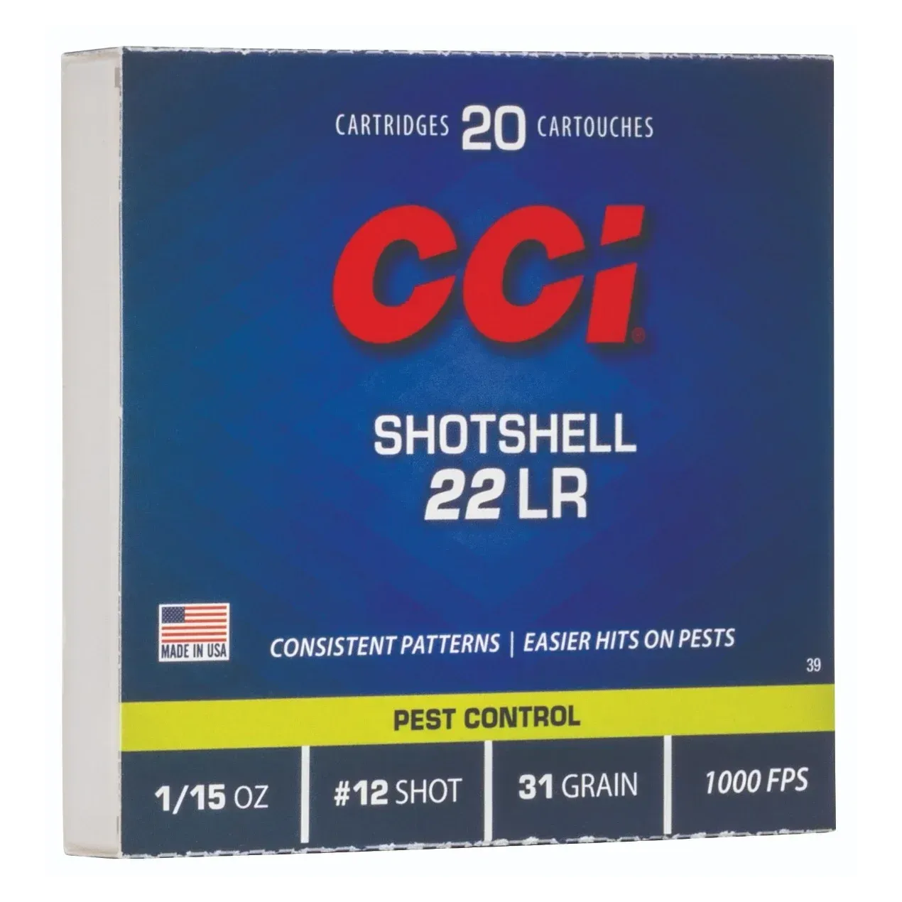 Box of CCI shotshell .22LR ammunition. Blue, red, and yellow with details: 20 cartridges, pest control.