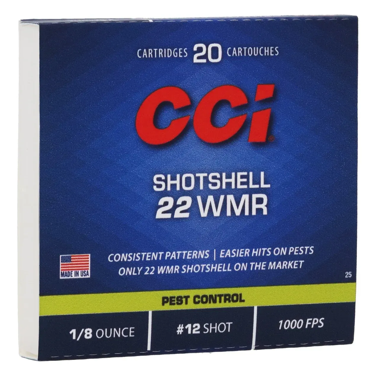 Box of CCI 22 WMR shotshell cartridges for pest control, blue with red logo, reads 20 cartridges, #12 shot, 1000 FPS.