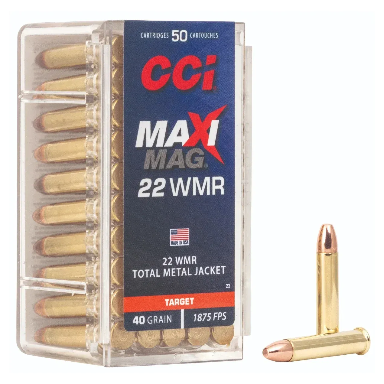 A clear plastic box of CCI Maxi-Mag .22 WMR ammunition with bullets and label visible.