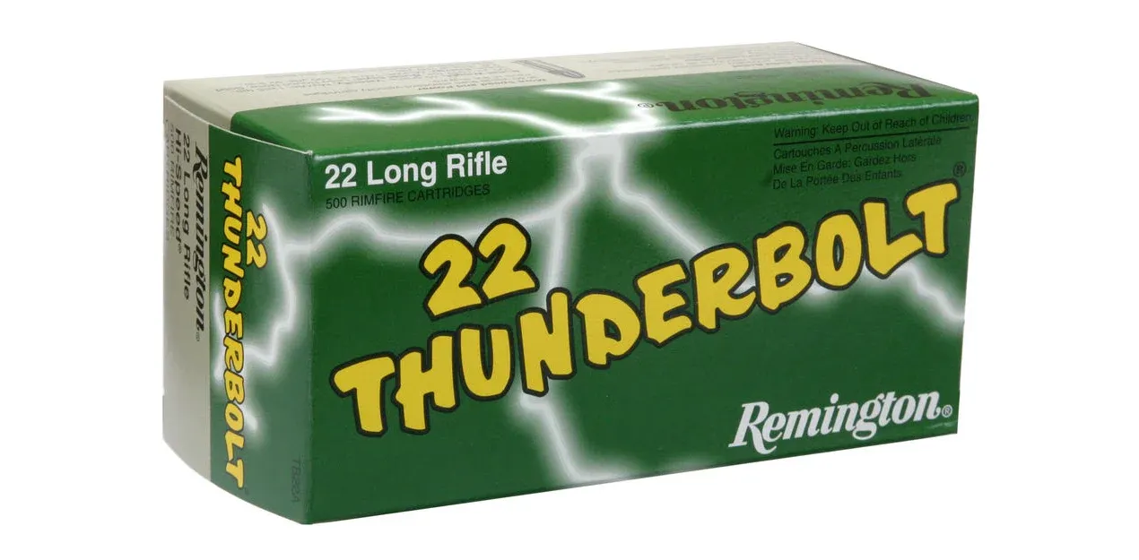 Box of Remington 22 Thunderbolt ammunition with green and yellow design, lightning bolt graphics.