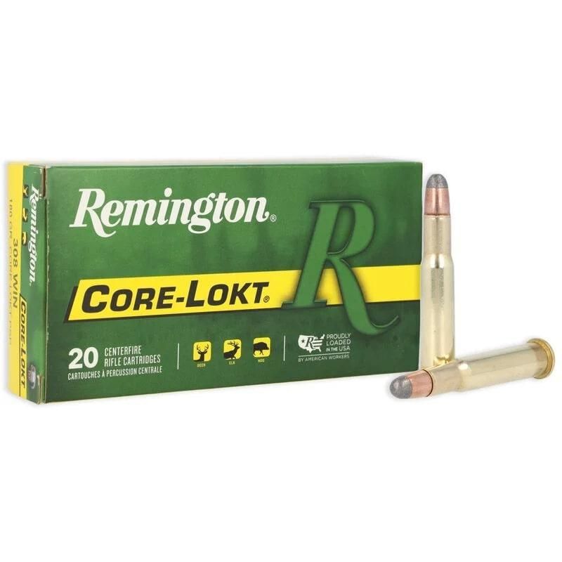 Box of Remington Core-Lokt rifle cartridges; green box, two cartridges displayed.