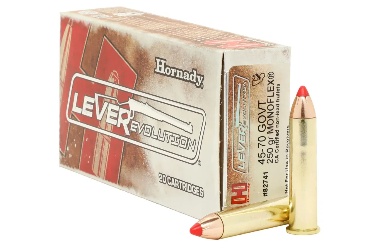 Box of Hornady LEVERevolution 45-70 Govt ammunition with two cartridges.