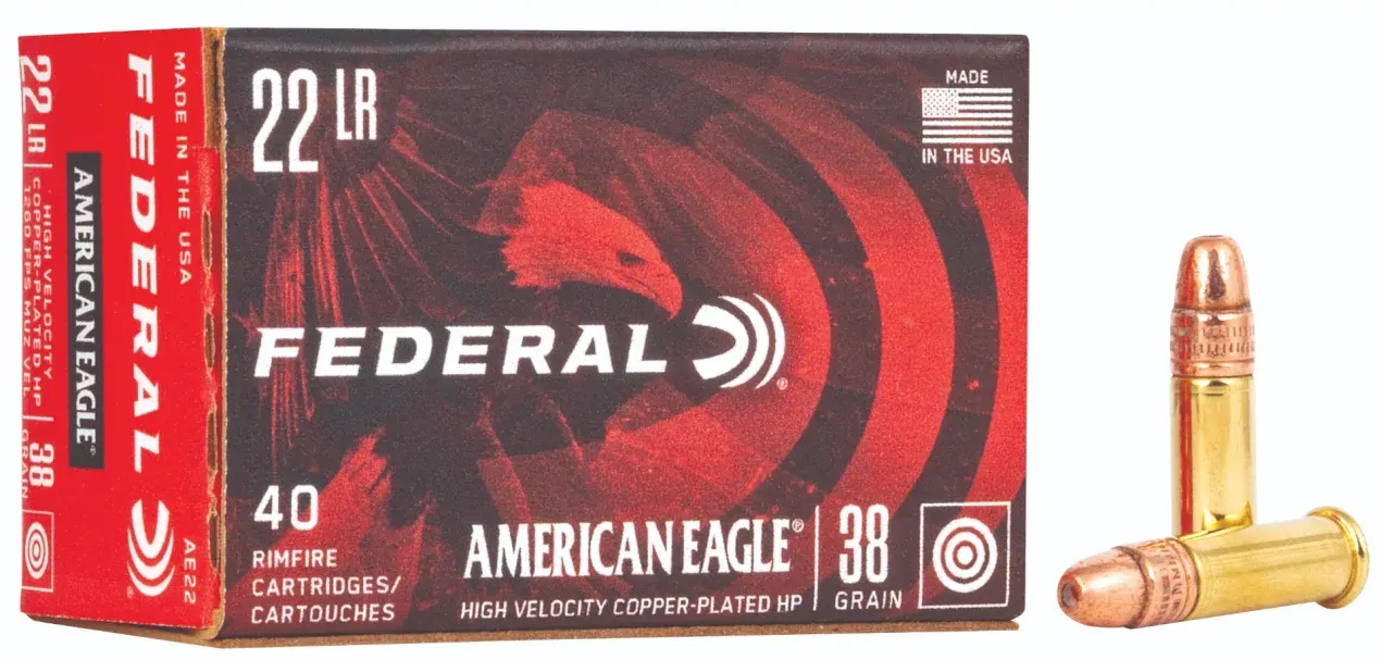 Box of Federal American Eagle .22 LR ammunition with three rounds visible, on a white background.