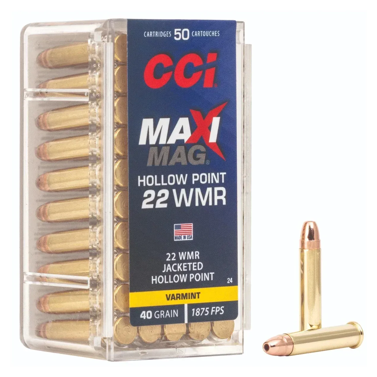 Box of CCI Maxi-Mag .22 WMR ammunition. Fifty rounds, hollow point, jacketed, 40 grain.