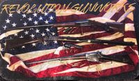 American flag background with three rifles and the text "Revolution Gunworks" in gold.