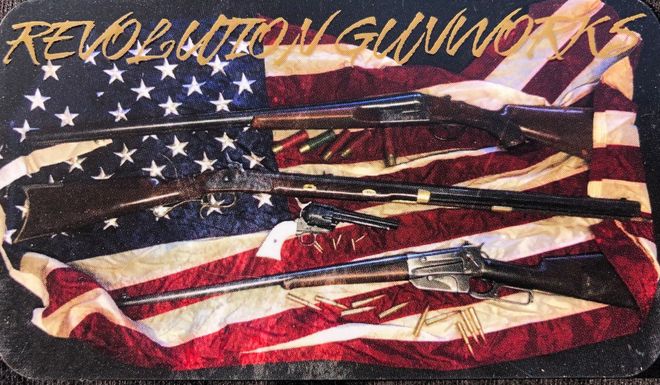 American flag background with three rifles and the text "Revolution Gunworks" in gold.