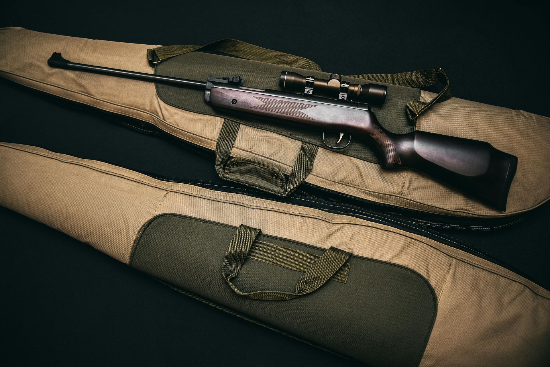 Air rifle with scope in a tan and green gun case on a dark surface.