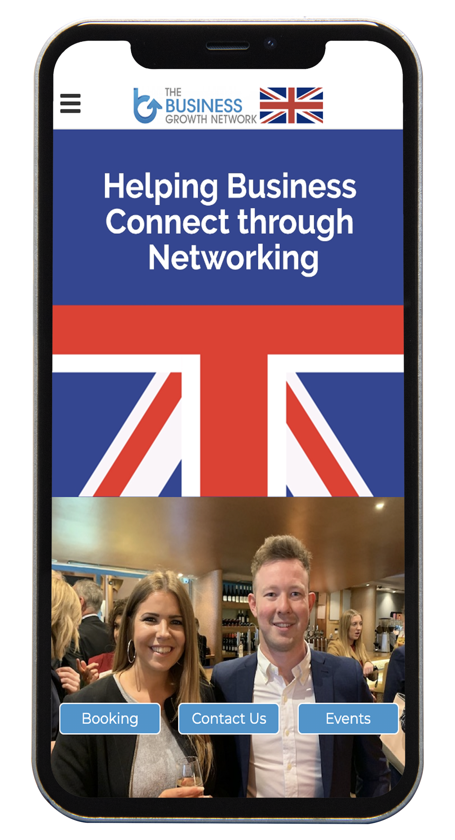 Mobile website for business networking. UK flag background. Two people smiling; blue buttons.