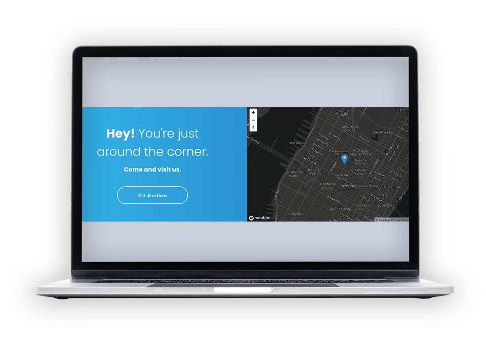 Laptop screen displays a map with a location marker and a message: 