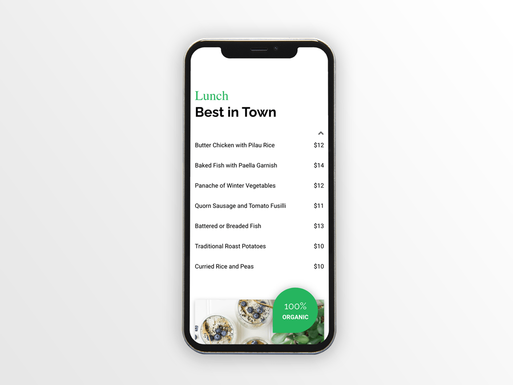 A mobile phone displaying a lunch menu with a photo of food and a green call-to-action button.