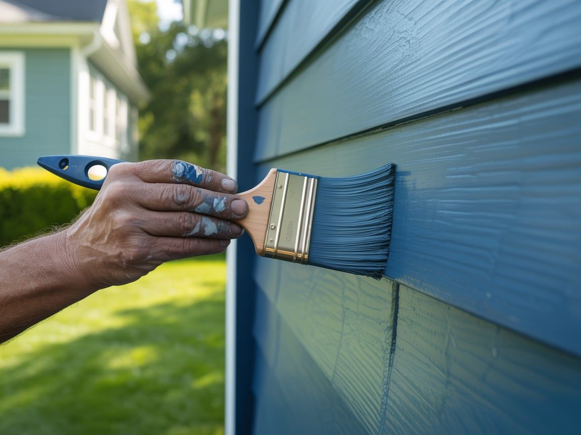 Person painting blue siding with a paintbrush outdoors.