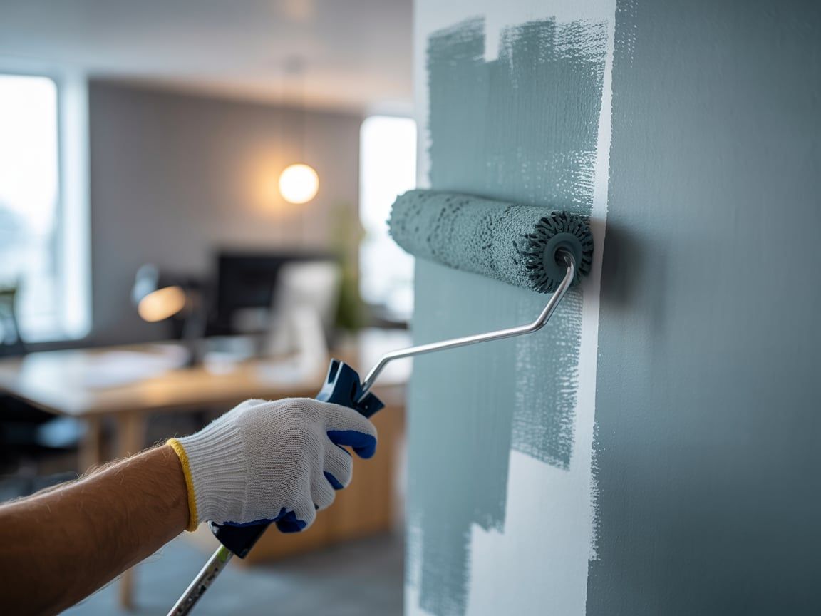 A person painting a gray wall with a roller, wearing gloves.