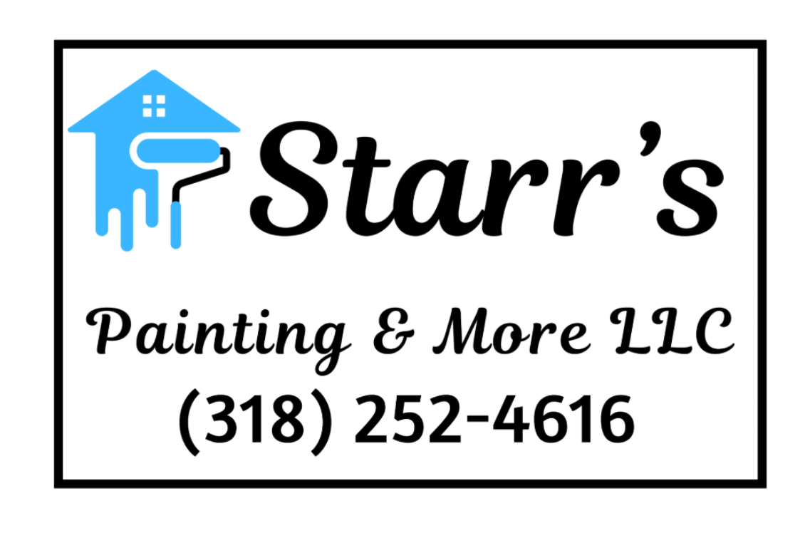 Logo for Starr's Painting & More. Blue house and paint roller icon with black text.