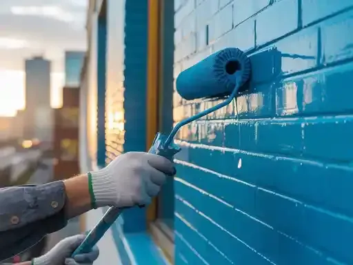 A person painting a brick wall blue with a roller; urban setting, daylight.