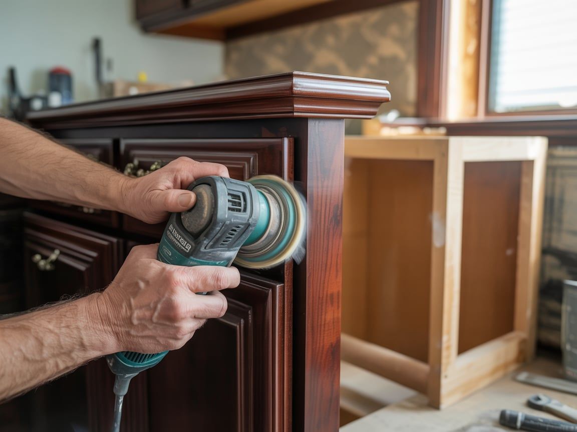 Person sanding a dark brown cabinet with an electric sander. Unfinished cabinet in the background.