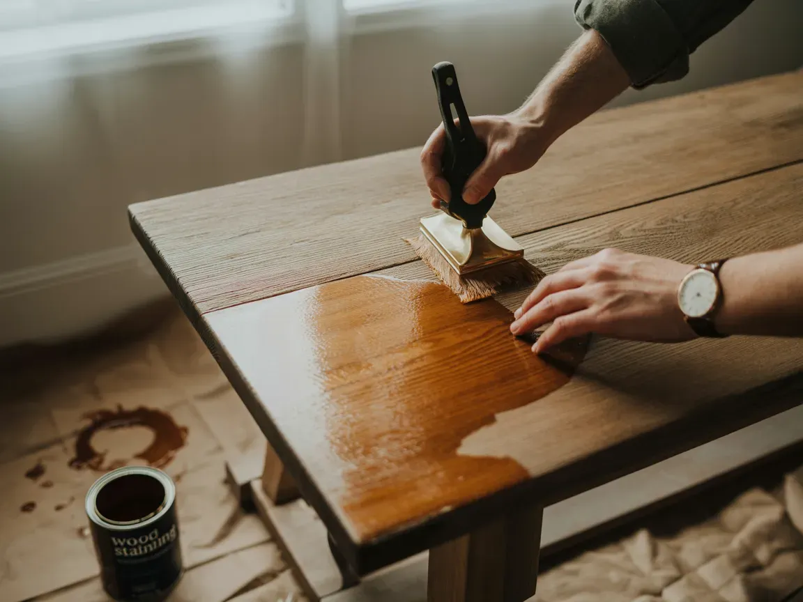 Person applying stain to a wooden table with a brush; stain can in the foreground.