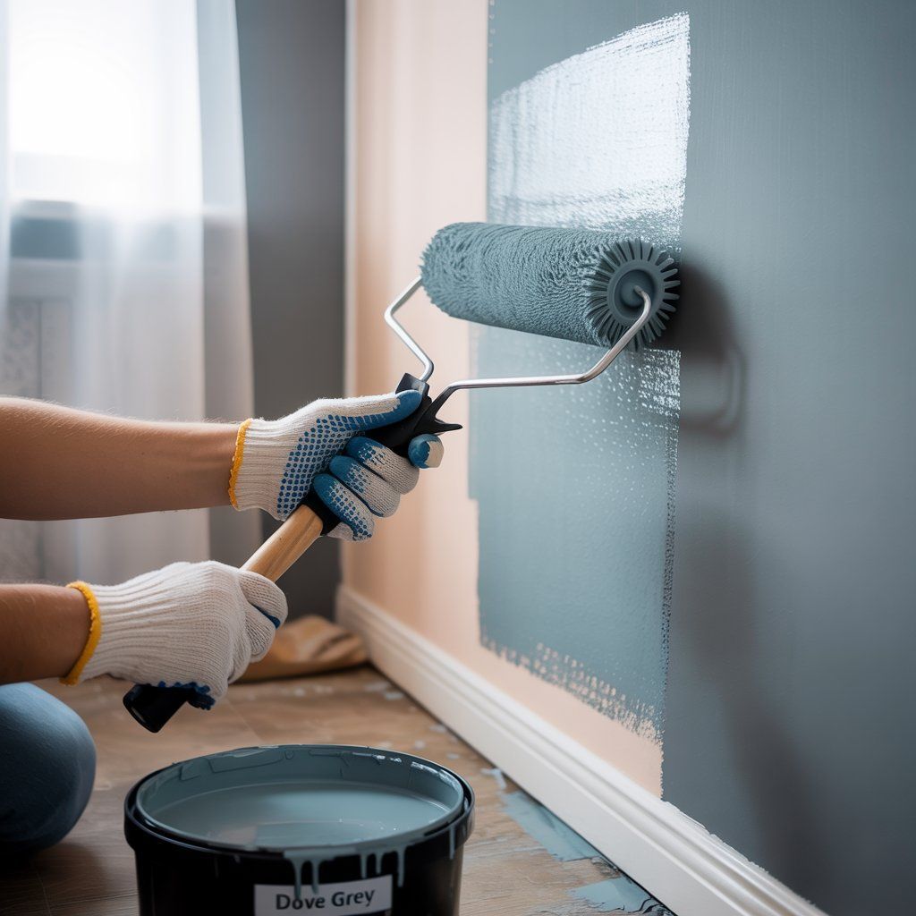 Person painting a wall blue with a roller, using paint from a bucket on a wood floor.