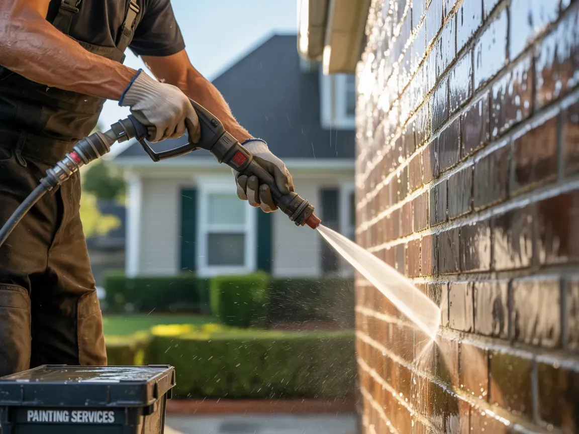 Man power washing a brick wall on a house exterior with water streaming.