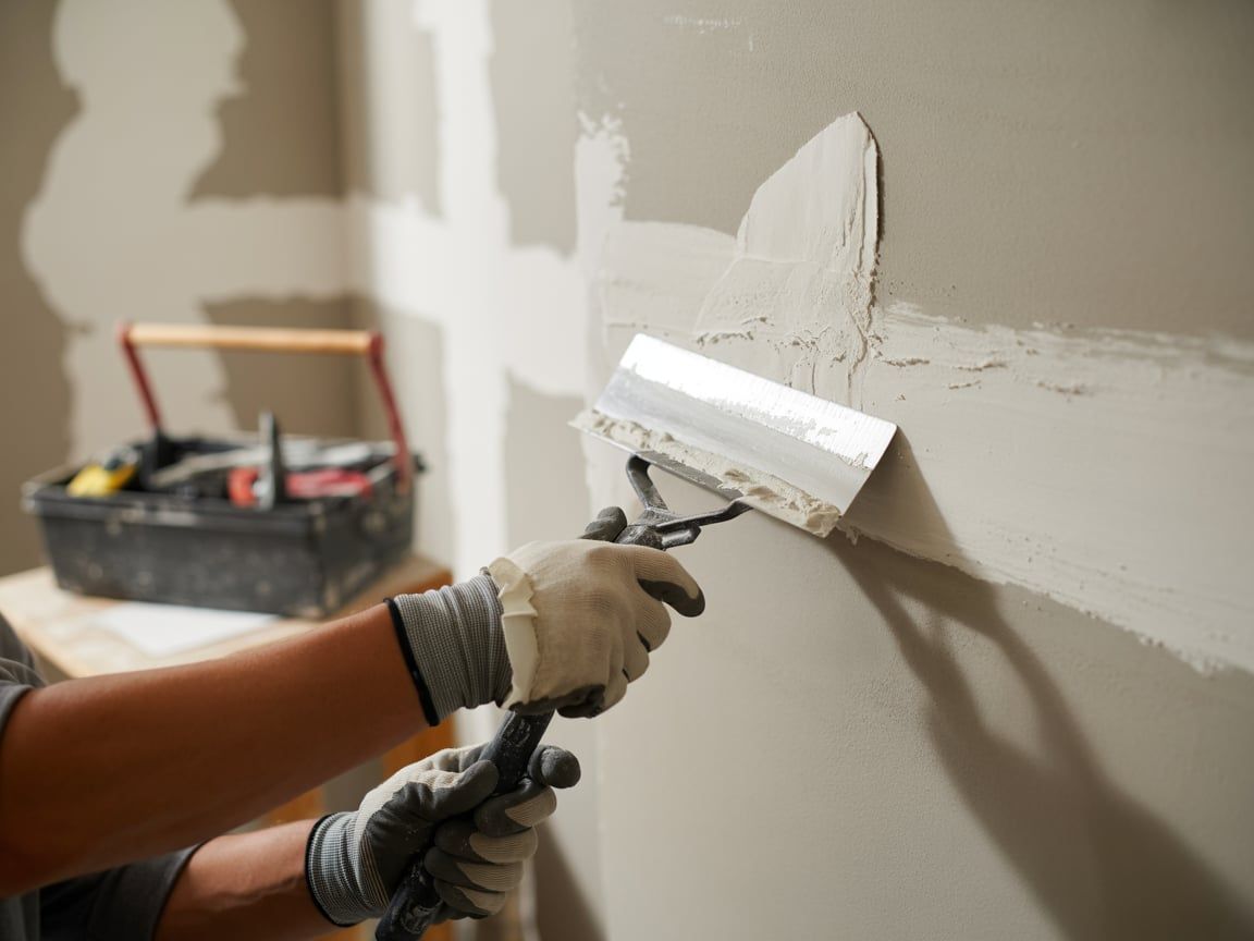 Person using a trowel to apply drywall compound on a wall, wearing work gloves.