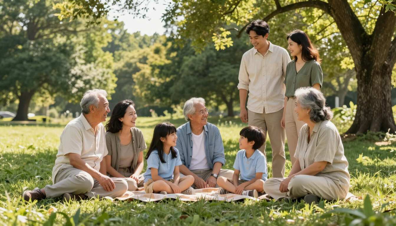 Family picnic on a sunny lawn, with several people sitting under trees and talking together