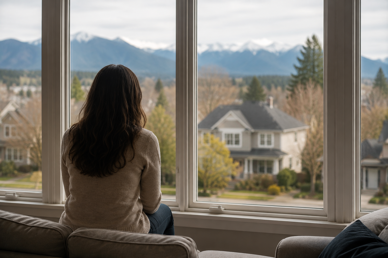 Person sitting by a large window, looking out at houses, trees, and snow-capped mountains.