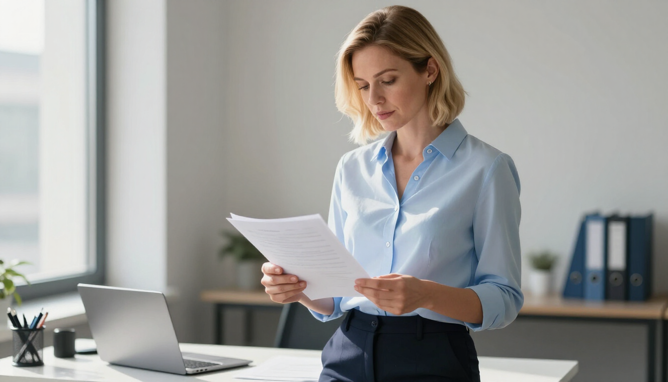 Woman reading papers at an office desk beside a laptop and window.