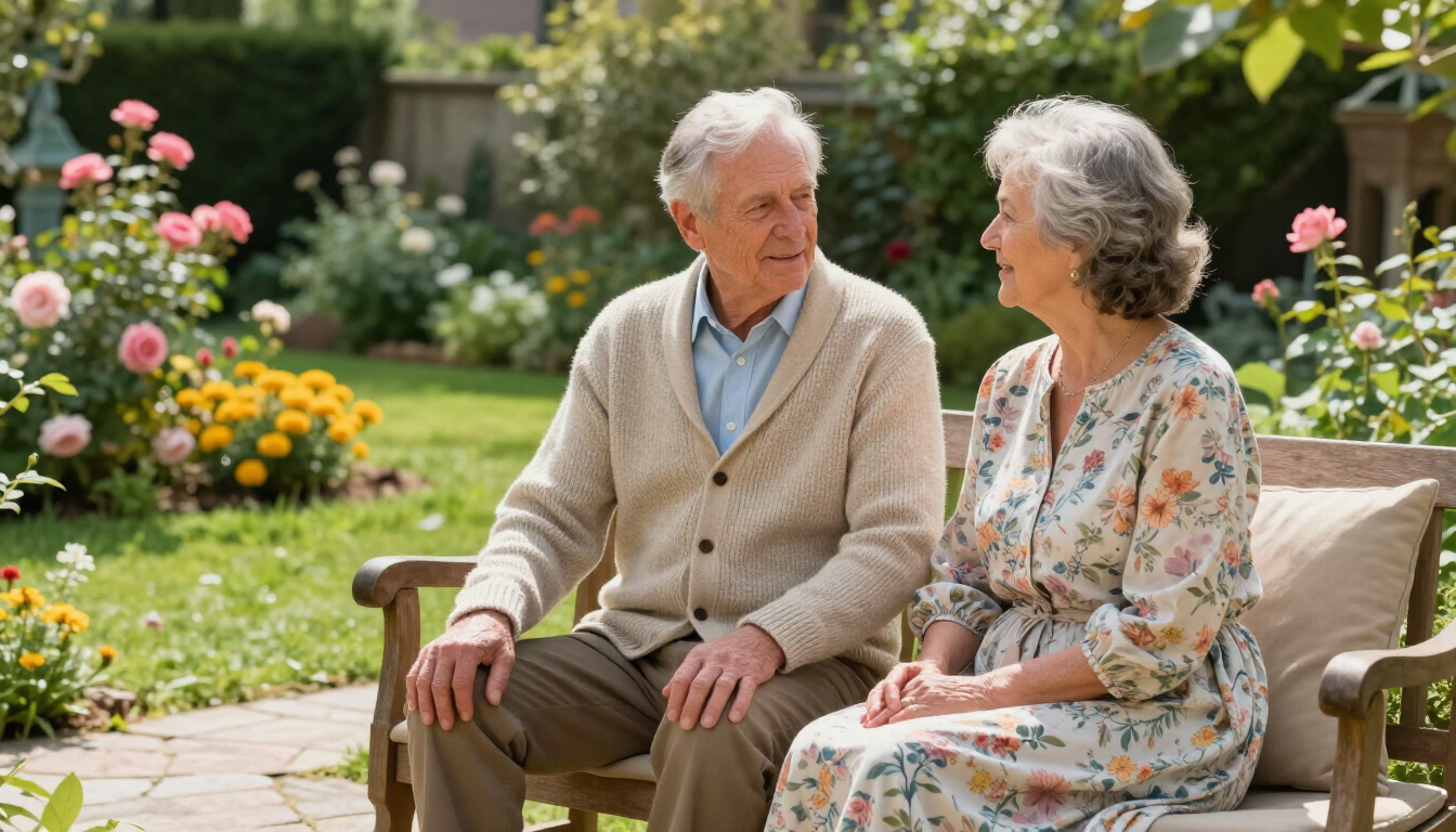 Two seniors sit on a garden bench, talking in a colorful flower garden.