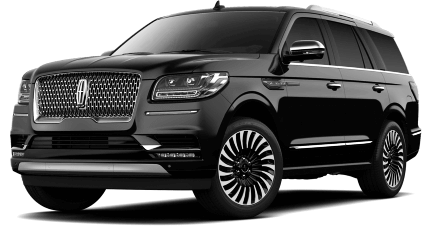 Black Lincoln Navigator SUV parked, front view.
