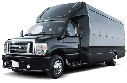 Black party bus parked on a sunny day.