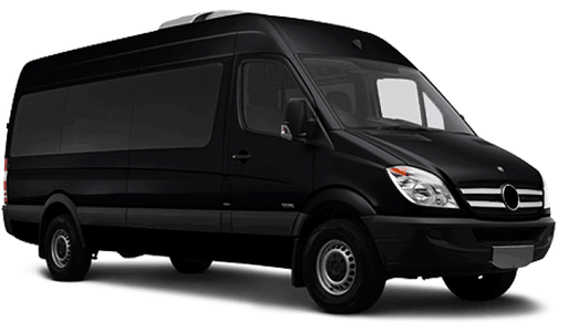 Black Mercedes-Benz Sprinter van, side view.