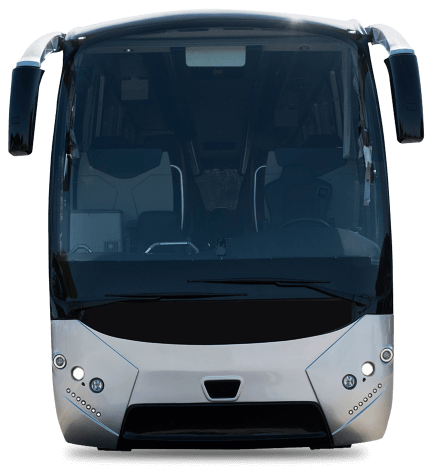 Silver and black coach bus, front view, windows, lights.