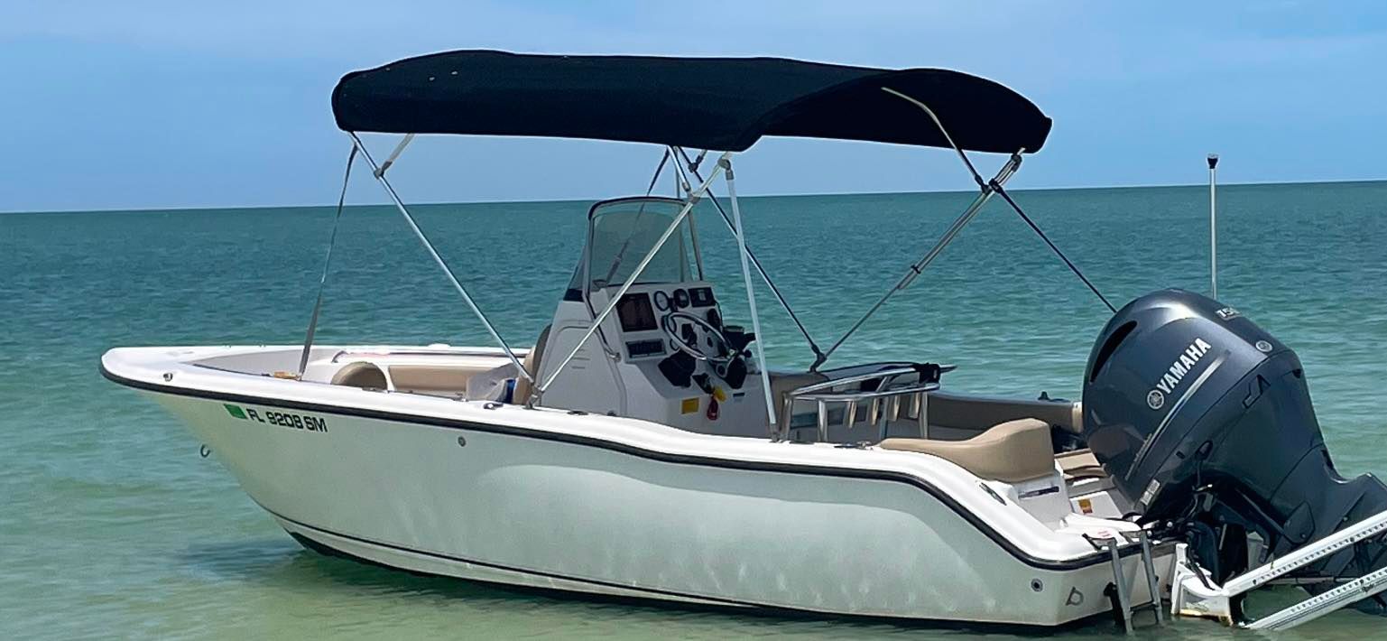 A white boat with a black canopy is in the water.