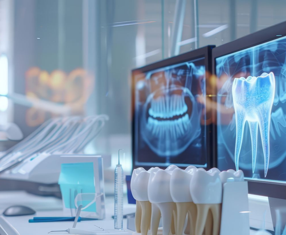 Multiple holographic displays show dental structure cross-sections in a dentist's office. Multiple holographic displays show dental structure cross-sections in a dentist's office.