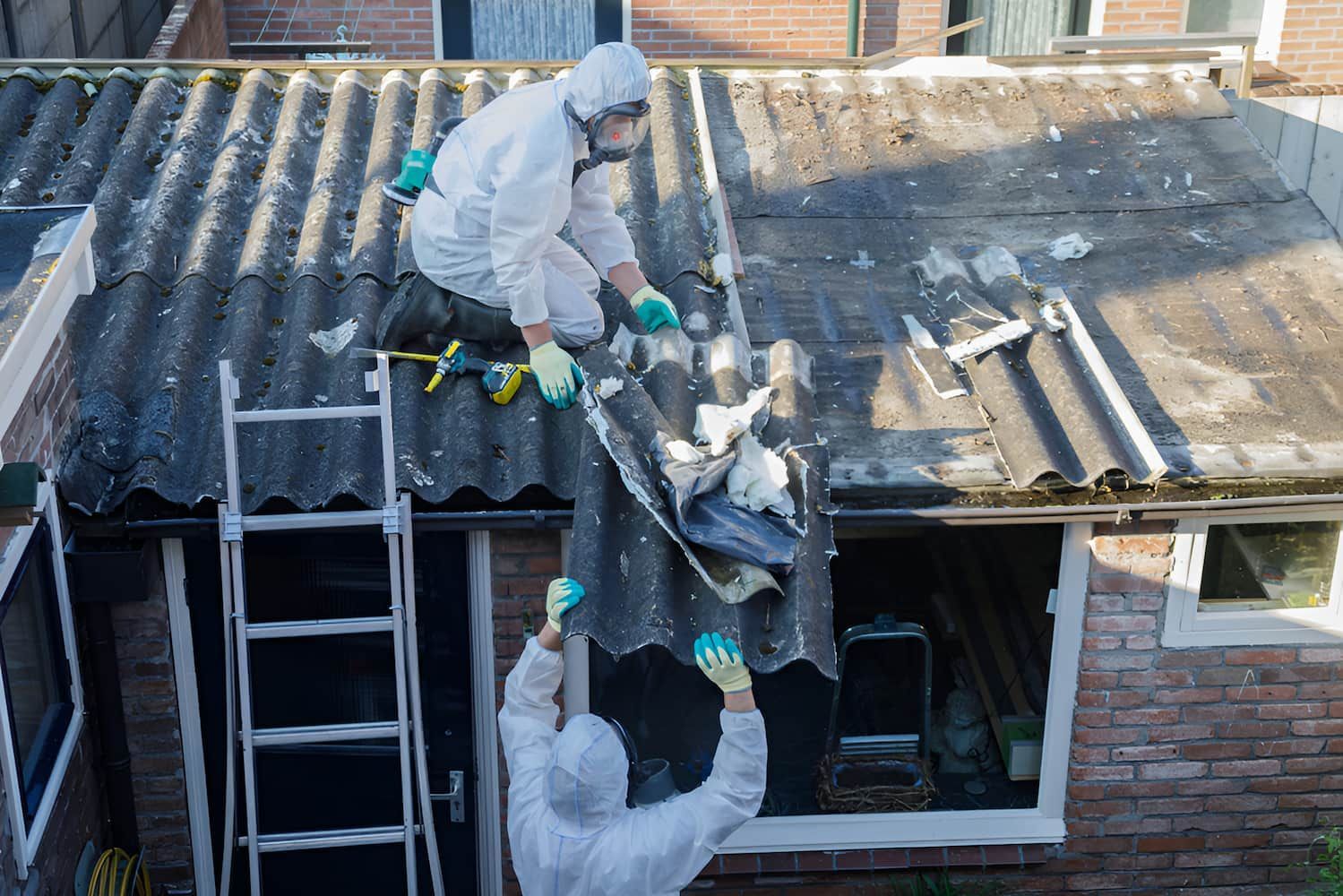 Two Men in Protective Suits Are Removing Asbestos From the Roof of a House — Veramax Industries in Whitsundays, QLD