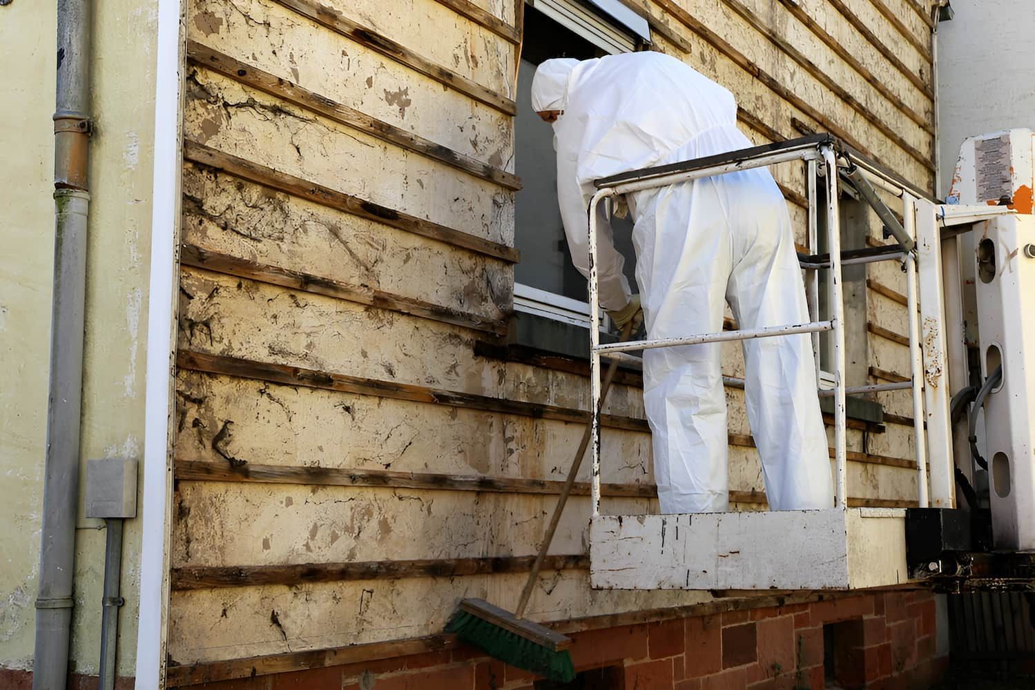 A Man in White Overalls is Standing on a Ladder Looking Out of a Window — Veramax Industries in Park Avenue, QLD