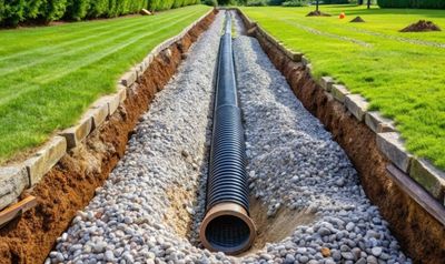 A drain pipe is being installed in a yard.