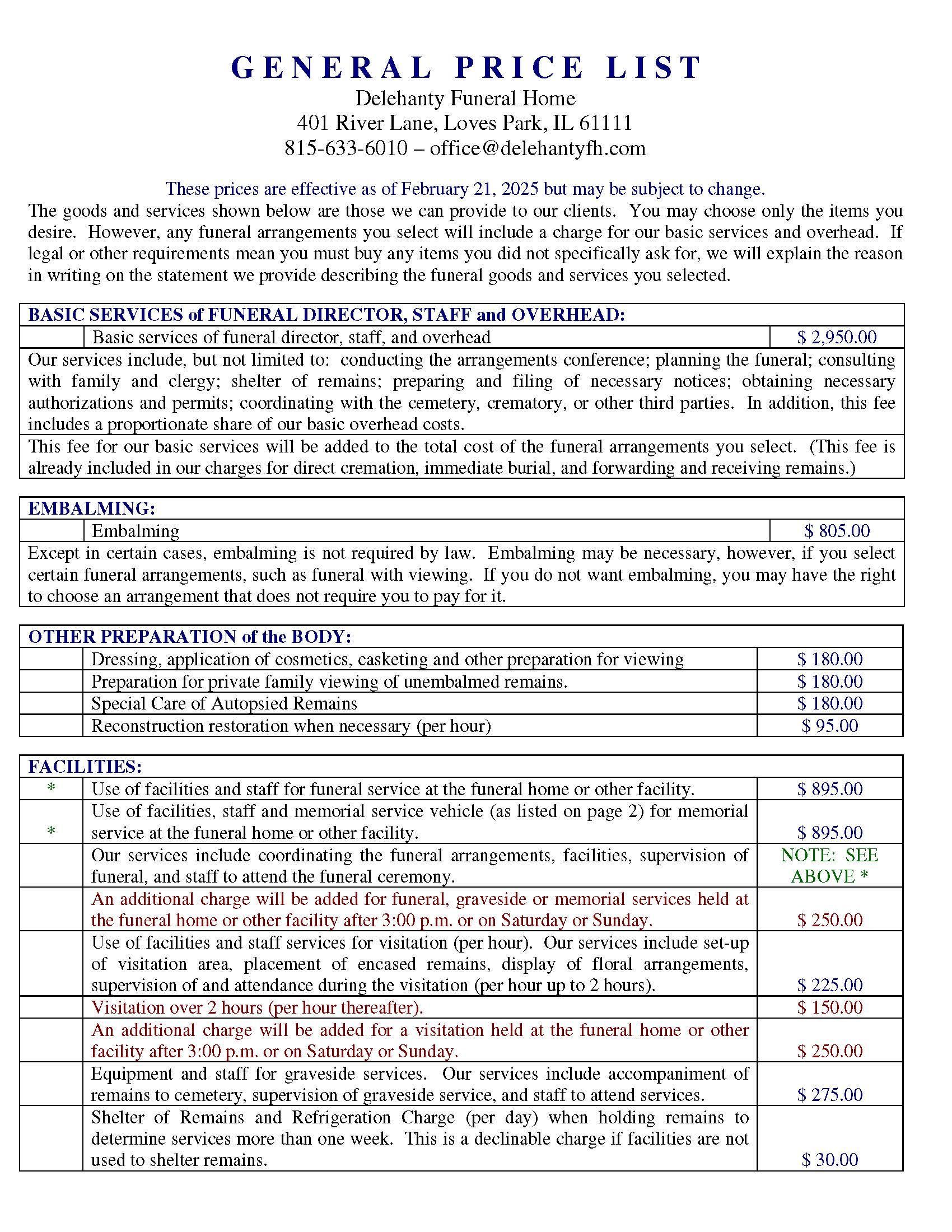 Delehanty Funeral Home General Price List