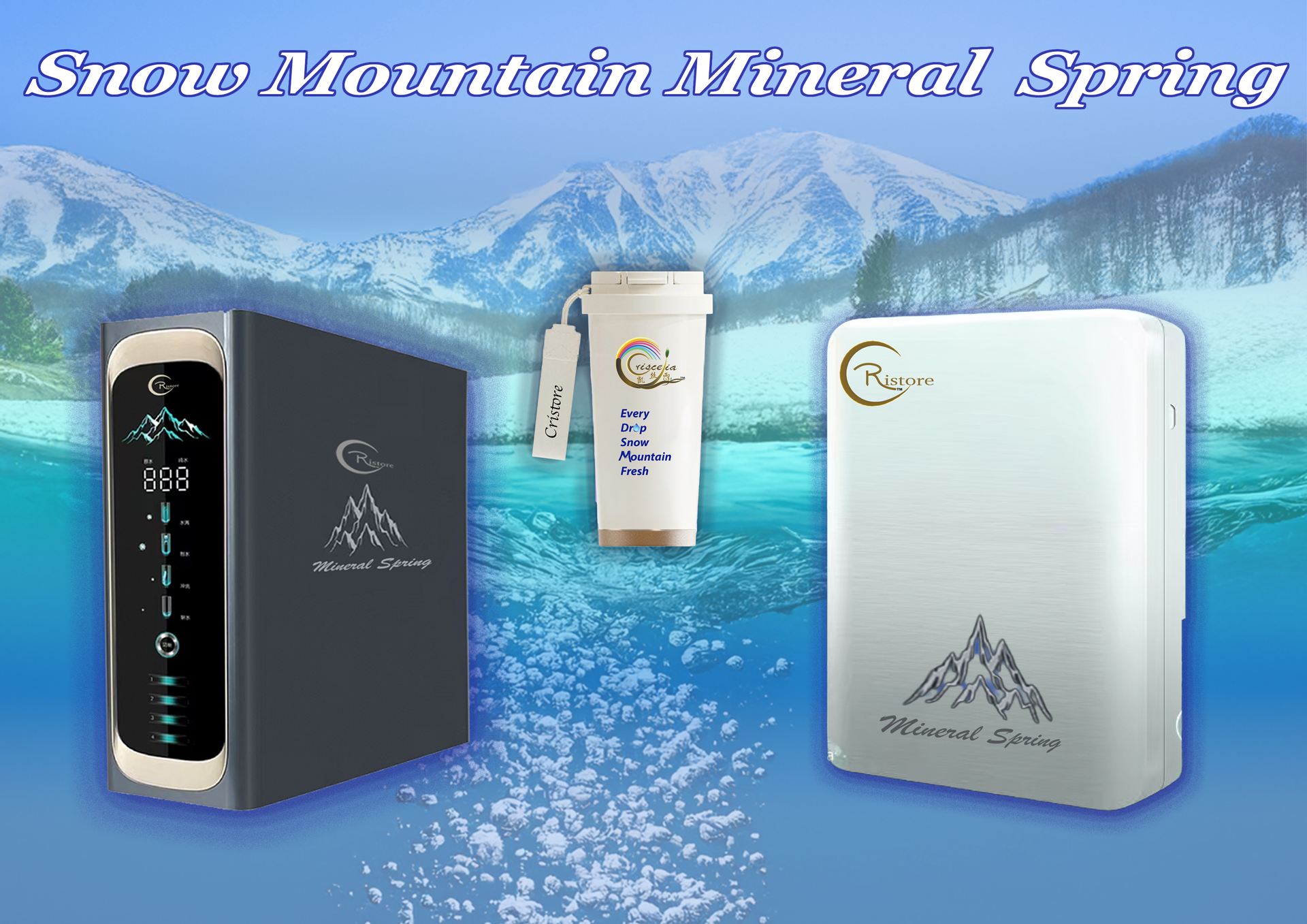 Snow Mountain Mineral Spring product display with two water purifiers and a bottle, set against a mountain backdrop.