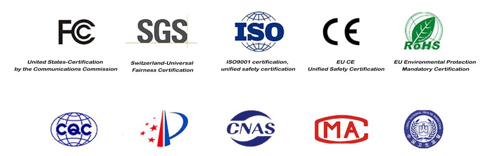 Collection of certification logos including FCC, SGS, ISO, CE, RoHS, and others.