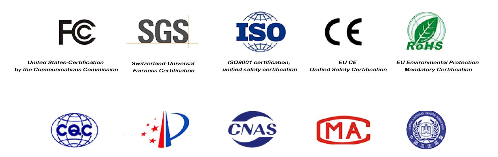 Logos for product certifications, including FCC, SGS, ISO, CE, RoHS, and others.