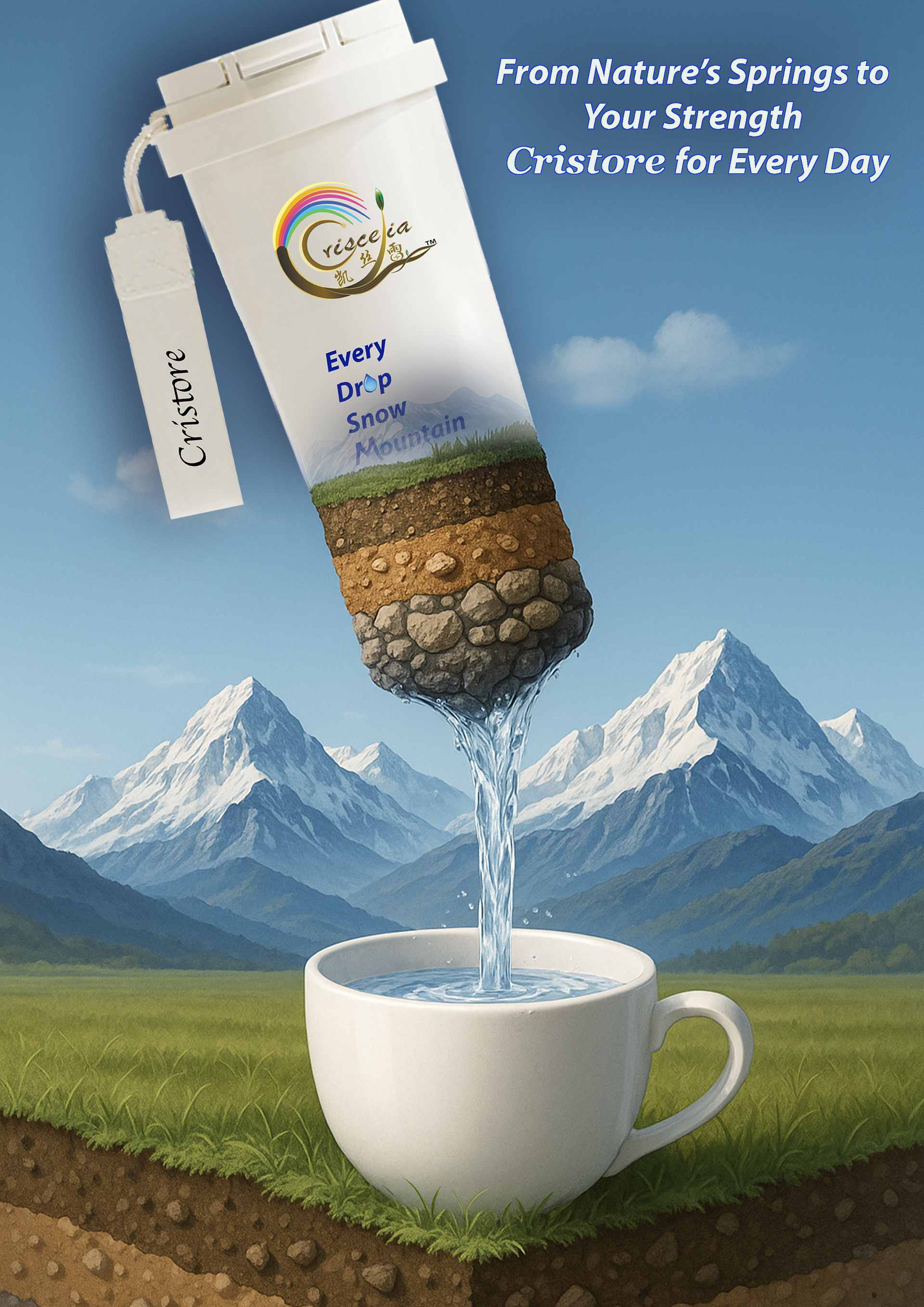 White water filter with label, rainbow logo, text: “Crisp Spring Snow Mountain Fresh.” Mountain landscape in background.