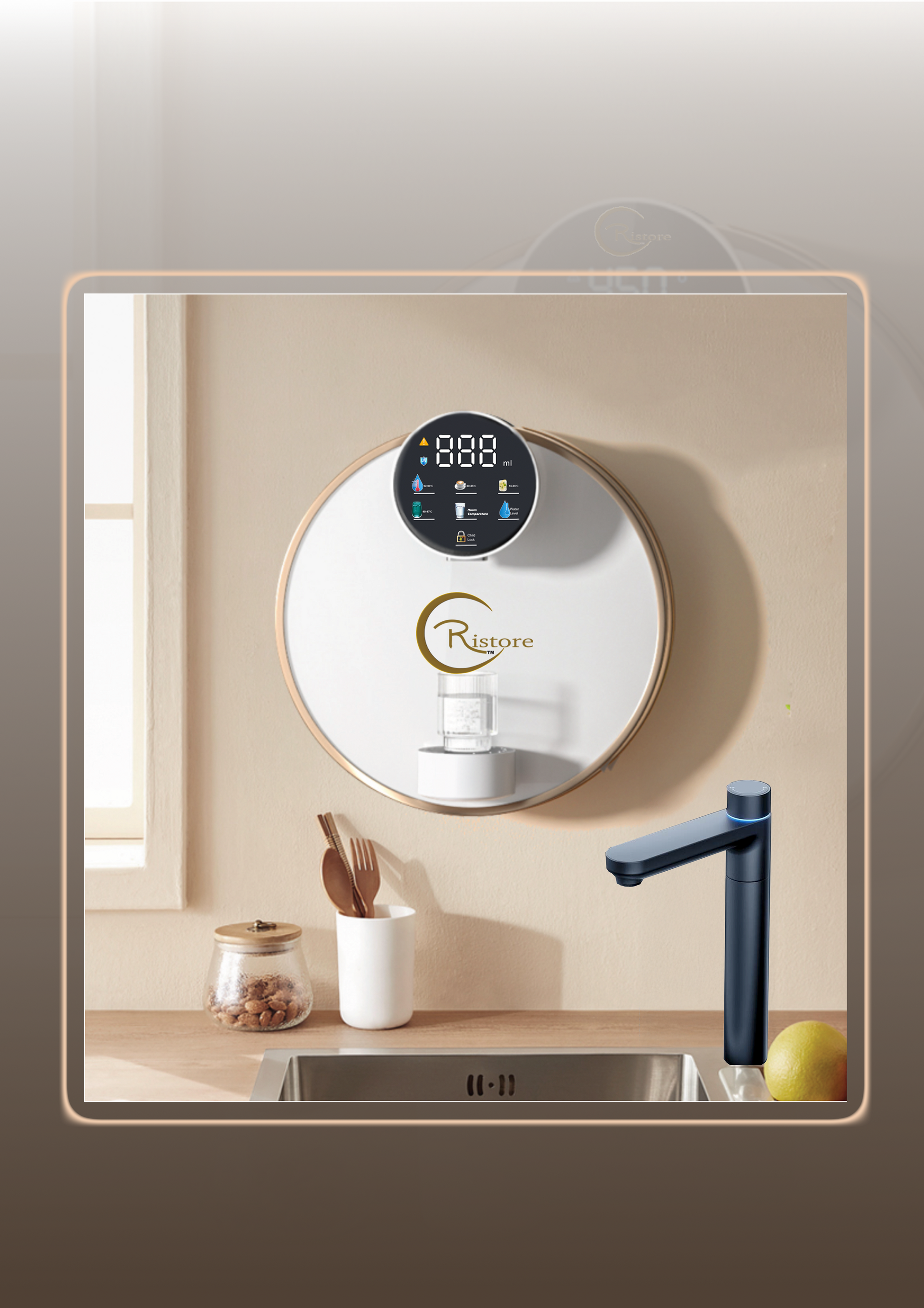 Wall-mounted water dispenser with digital display, faucet, and sink in a kitchen setting.
