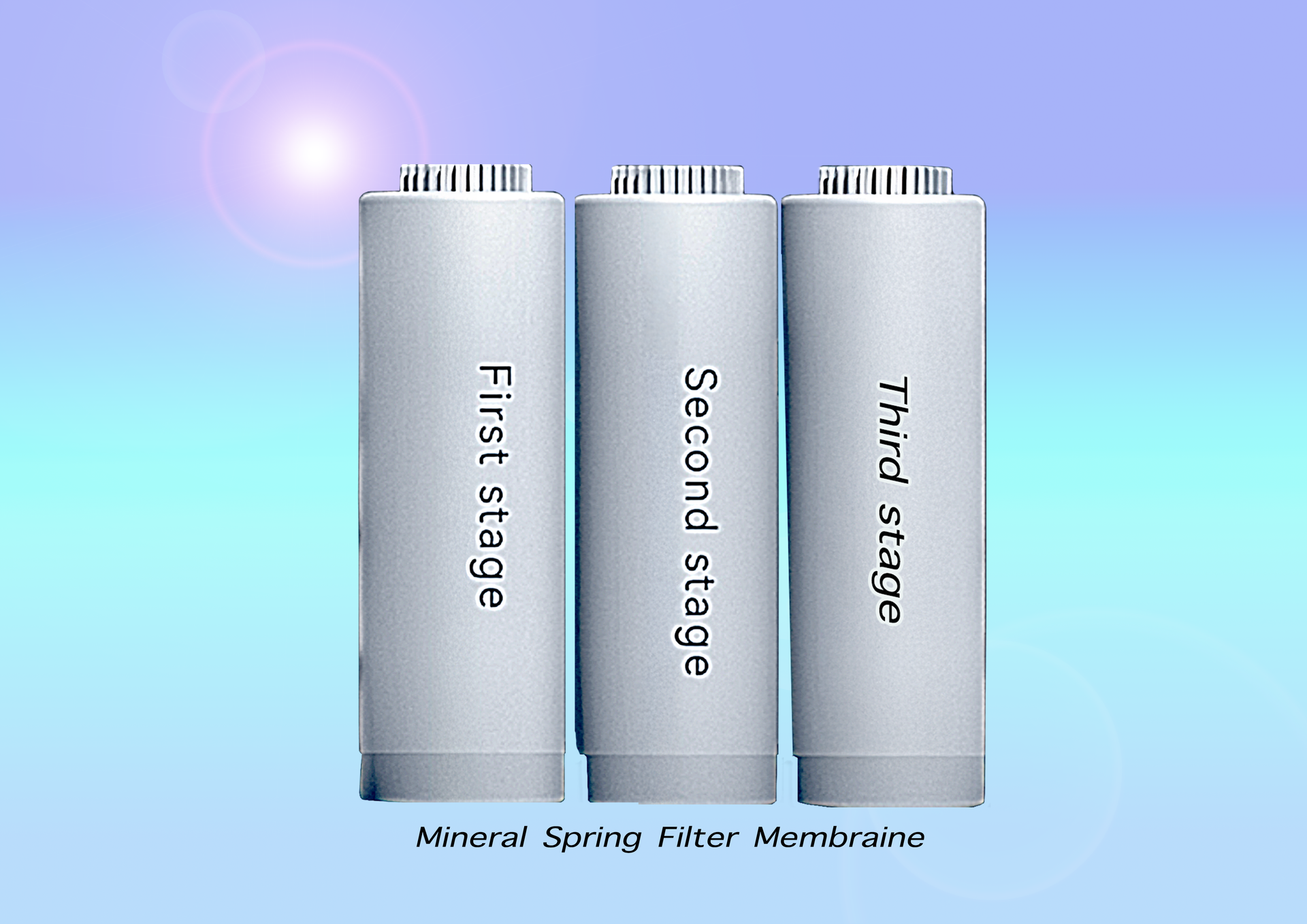 Three white water filters labeled 