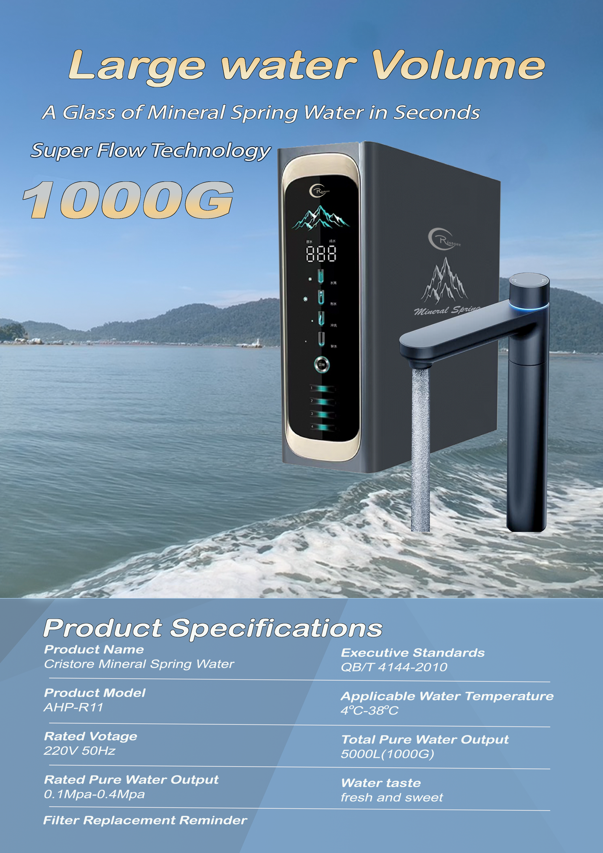 Water purifier with faucet over water with a snowy mountain backdrop.