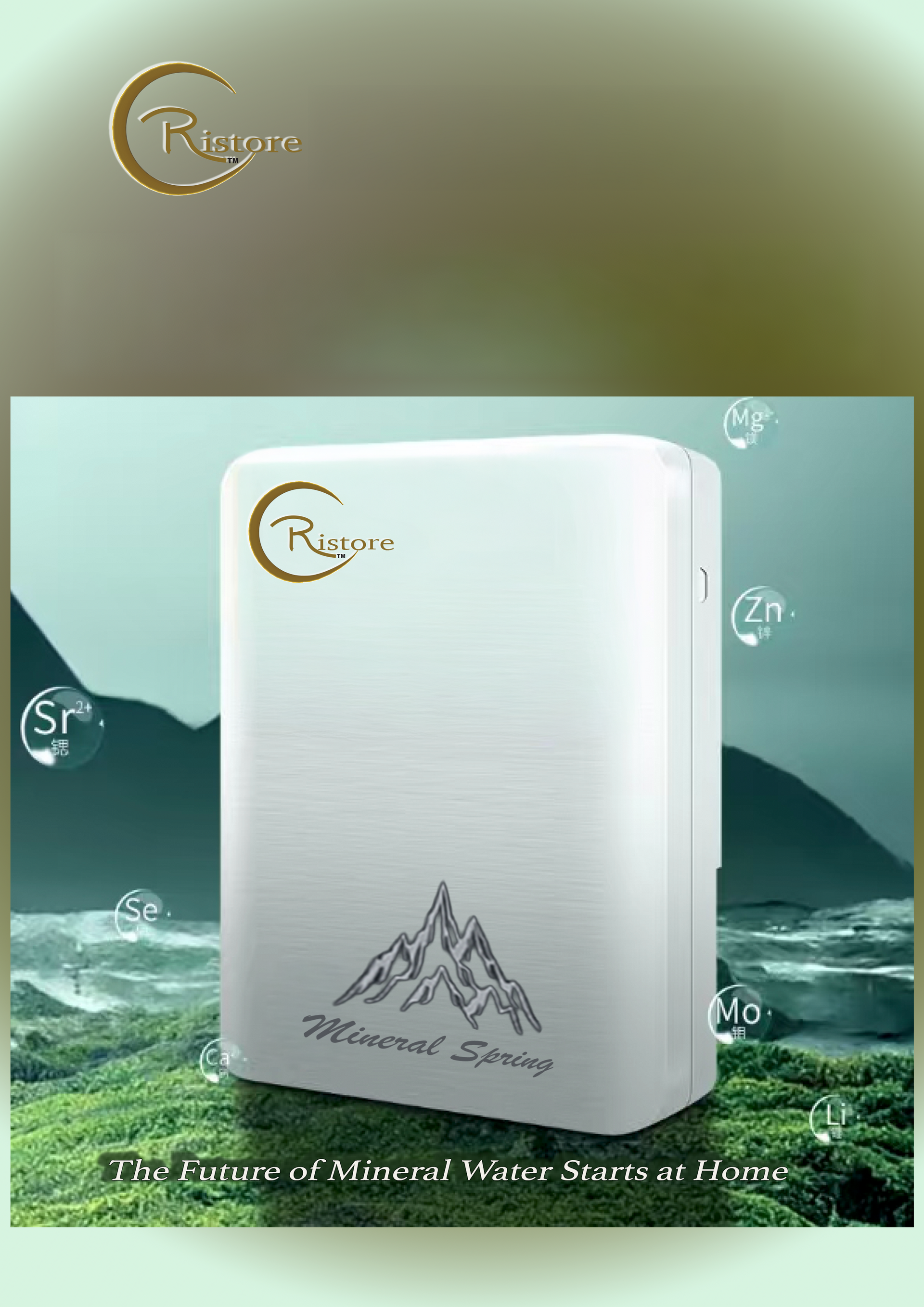 White water purifier with logo, mountain graphic, and mineral bubbles on green landscape.