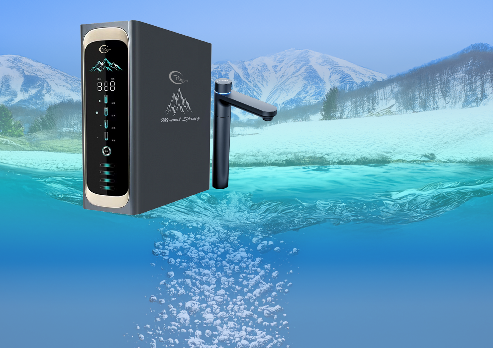 Water purifier with faucet over water with a snowy mountain backdrop.